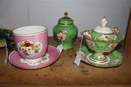Coalport green and gilt pot pourri, a similar Rockingham style sauce tureen and a large pink ground cup and saucer(-)